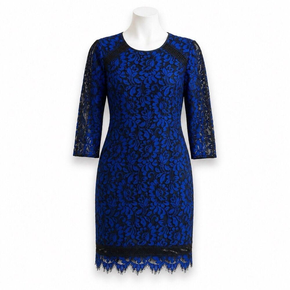 Eliza J Size 4 Royal Blue Black Lace Sheath Dress 3/4 Sleeve